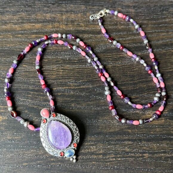 Carolyn Pollack Silver Amethyst Pendant Beaded Necklace 36” Sincerely Southwest - Picture 1 of 14